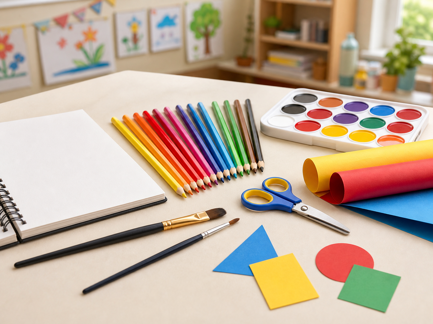 Coloured pencils, paints, brushes, paper and scissors on a clean art table