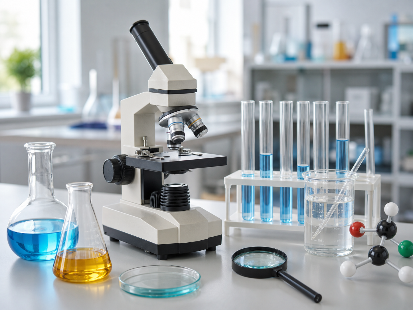 Microscope, test tubes and laboratory glassware on a clean science workbench