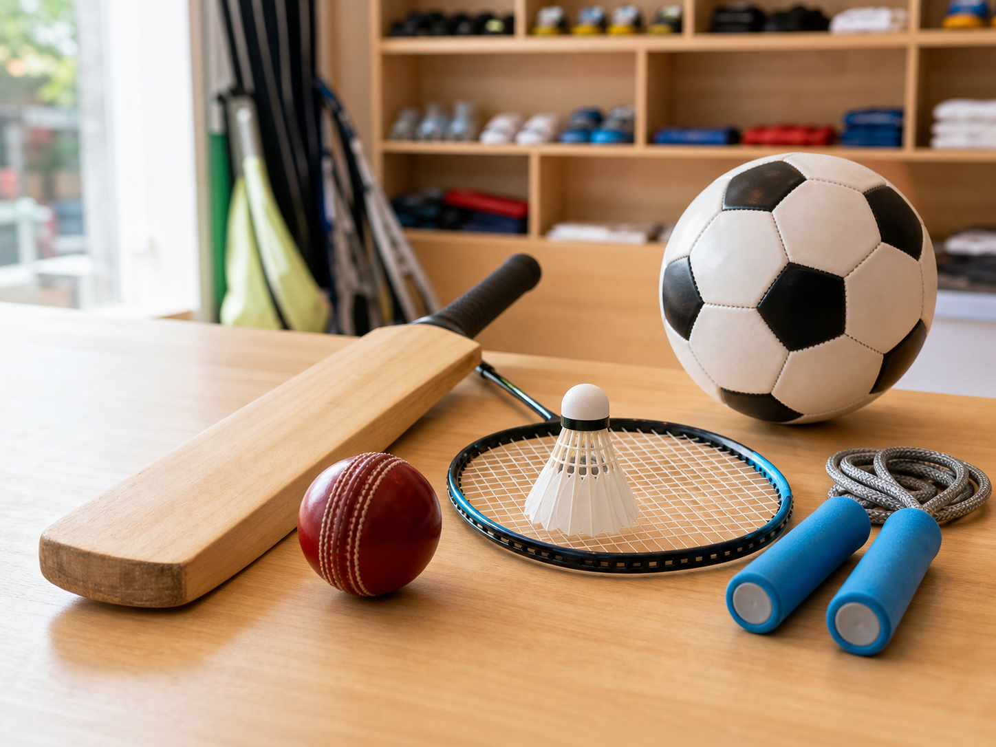 Cricket, football, badminton and fitness equipment arranged in a sports store