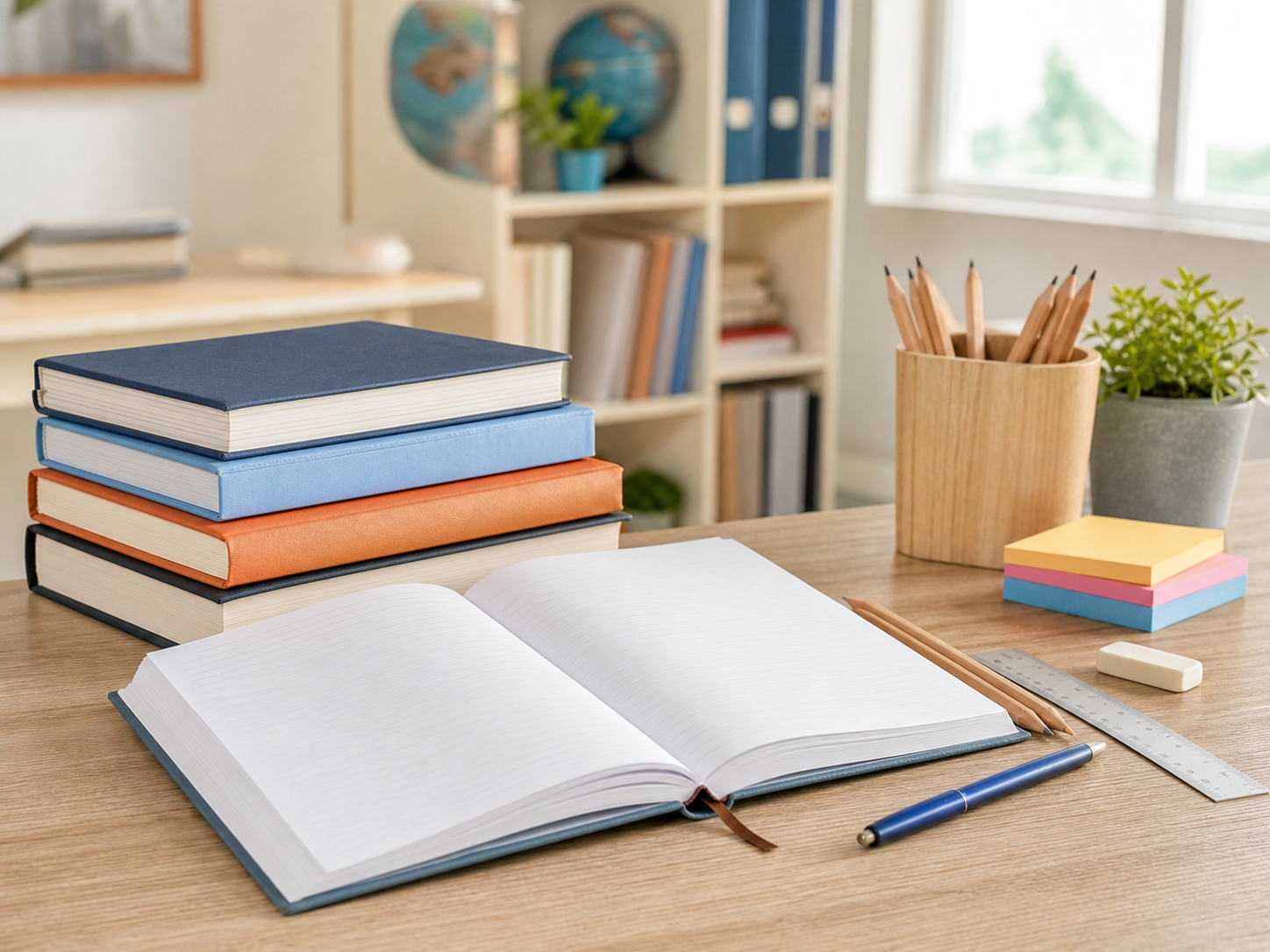 Notebooks, books, pencils, pen and ruler arranged on a bright study desk