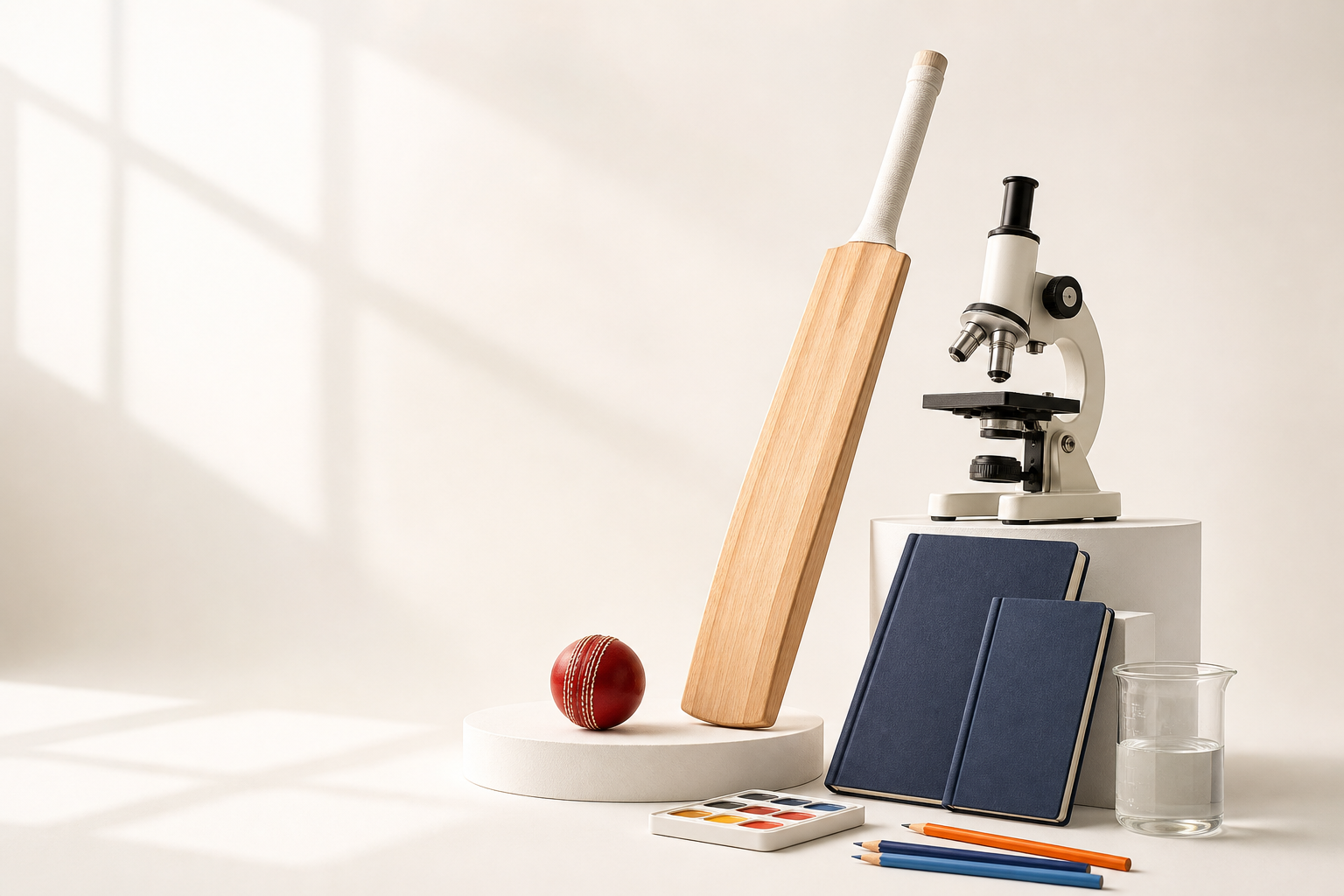 Cricket, science, stationery and art essentials presented together